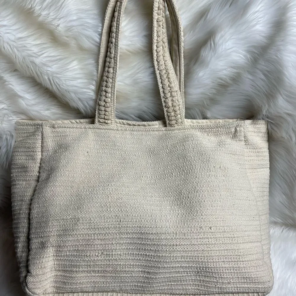 Evelyn K Hobo beige cotton extra large tote with brown and gold stitchin…